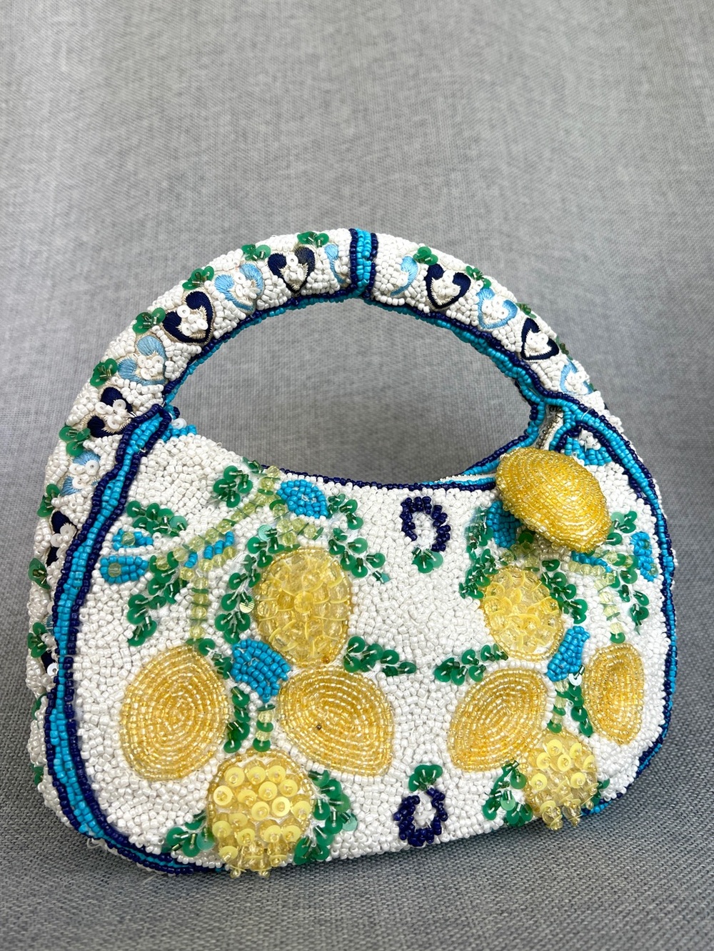 Handmade beaded Sicily motif lemons mini hobo handbag cream yellow blue